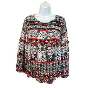Westbound Boho Aztec Print Tunic Top XL Black White Red Flowy Long Sleeve